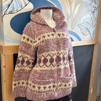 Vintage Knitted Sweater Coat with Zipper: Pink/White-women-SM