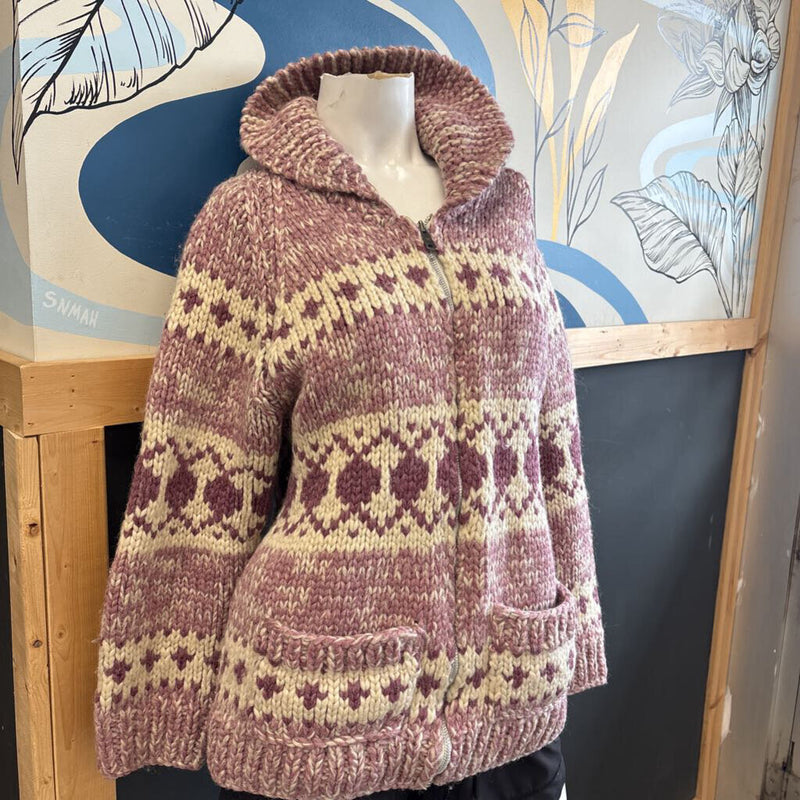 Vintage Knitted Sweater Coat with Zipper: Pink/White-women-SM