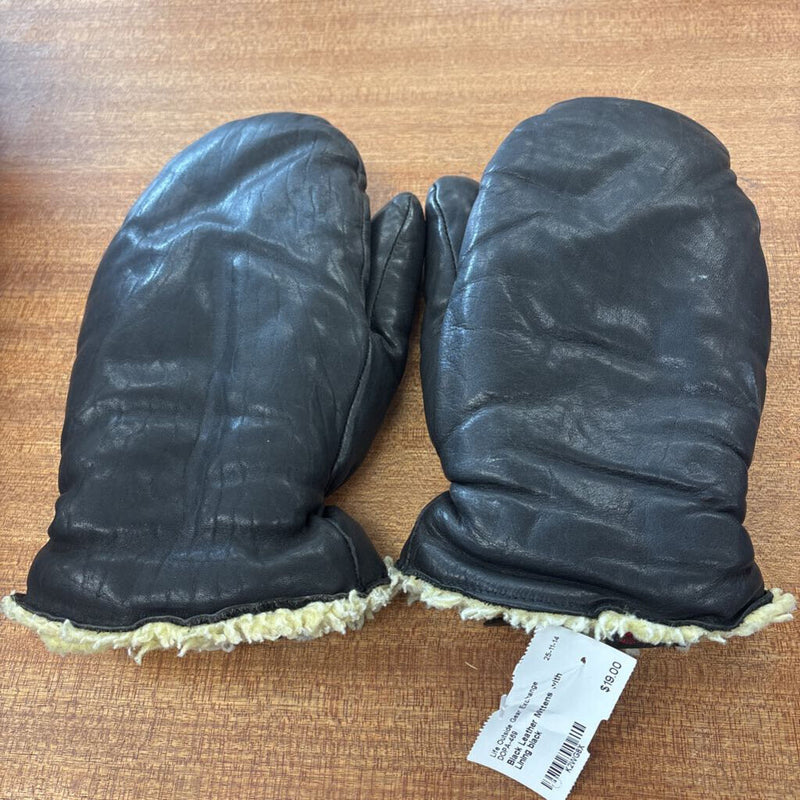 Black Leather Mittens with Lining: black-women-