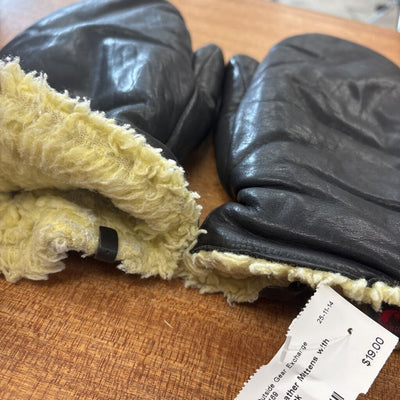 Black Leather Mittens with Lining: black-women-