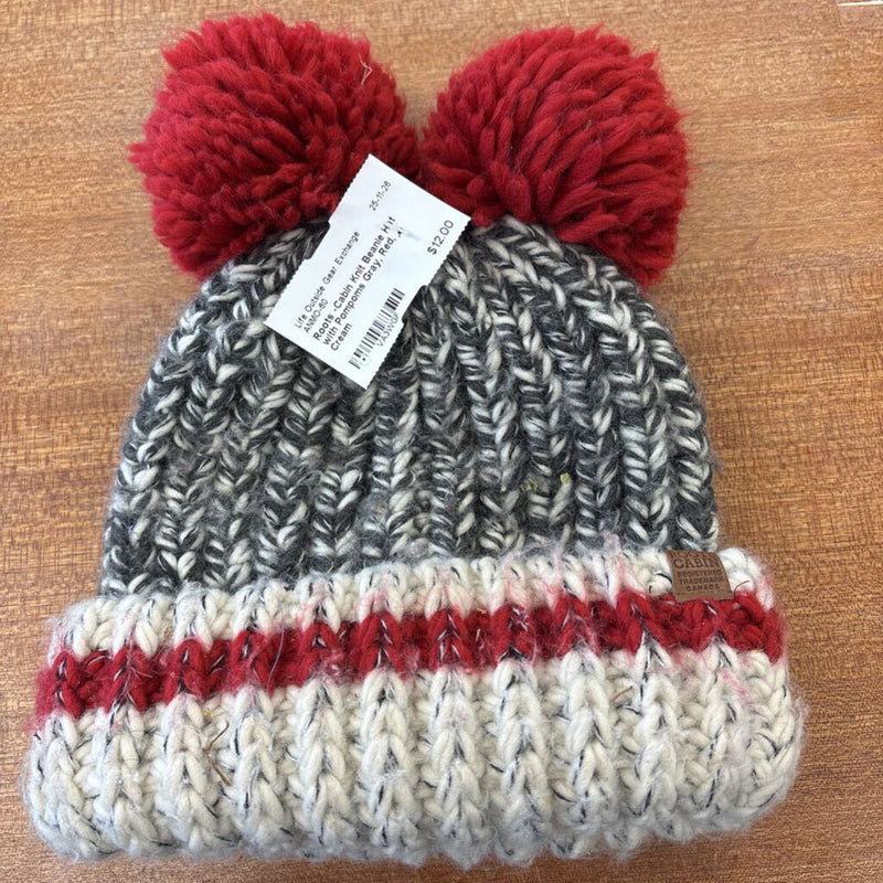 Roots -Cabin Knit Beanie Hat with Pompoms: Gray, Red, Cream-unisex-