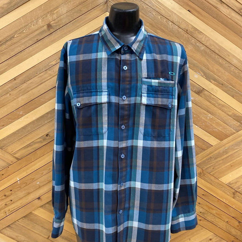 Oakley - Mens Plaid L/S Button-Up Shirt- MSRP $80: Blue,Brown-men-XL