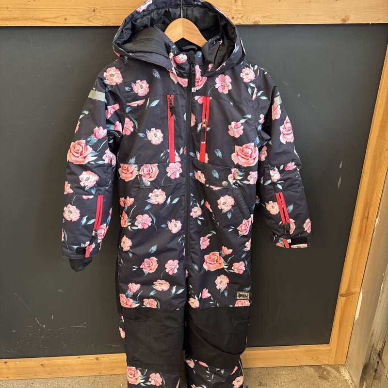 Deux par Deux - Kids Floral Snowsuit- MSRP $289: black with floral pattern-girls-LG (9Y)
